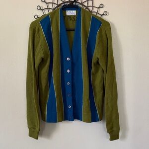 Vintage Sears Olive Green and Teal Striped Men’s Cardigan Sweater